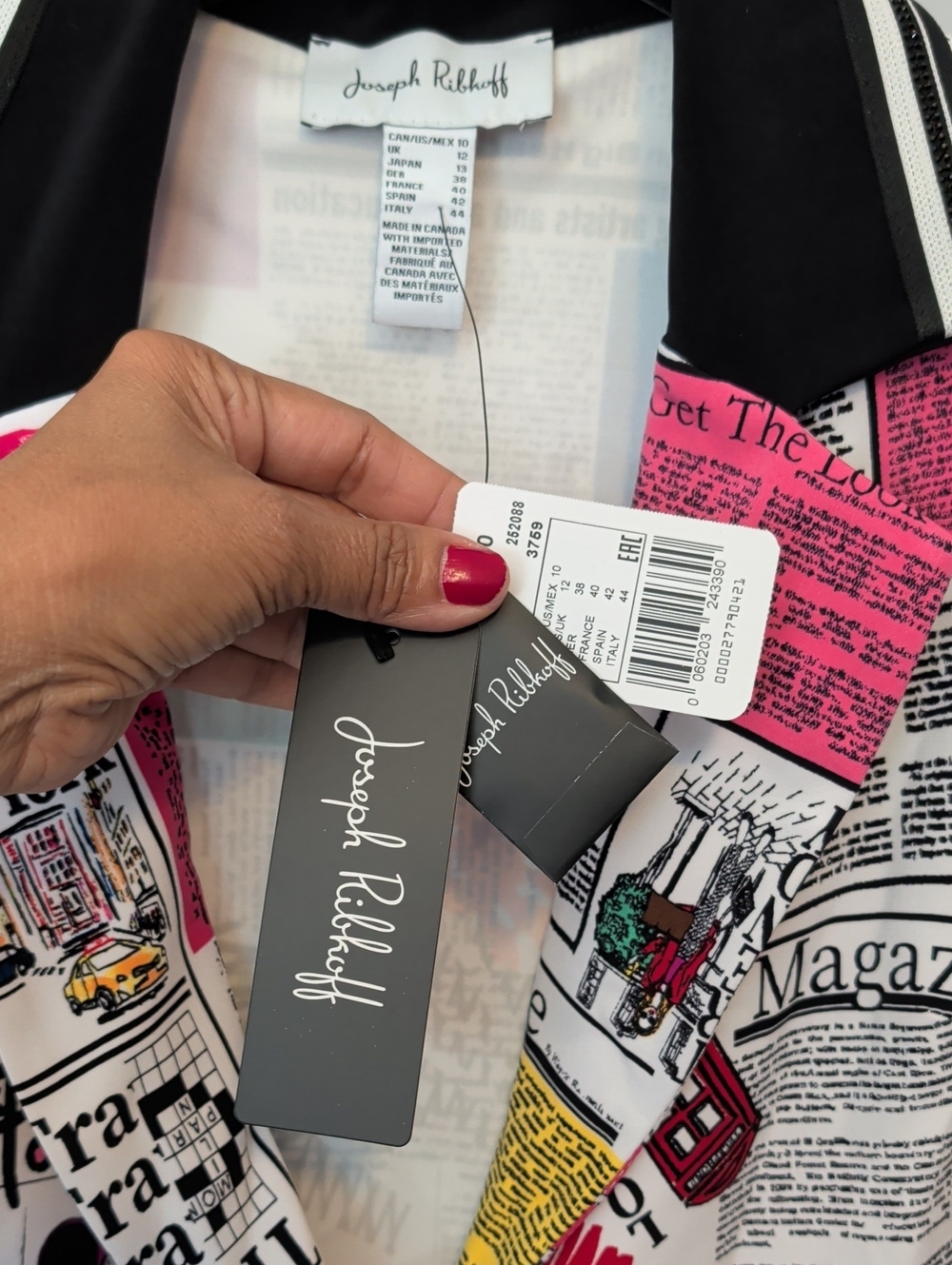 Joseph Ribkoff Multicolor Newspaper-Print Blazer, Black Notch Collar, Size 12 - Picture 7 of 9